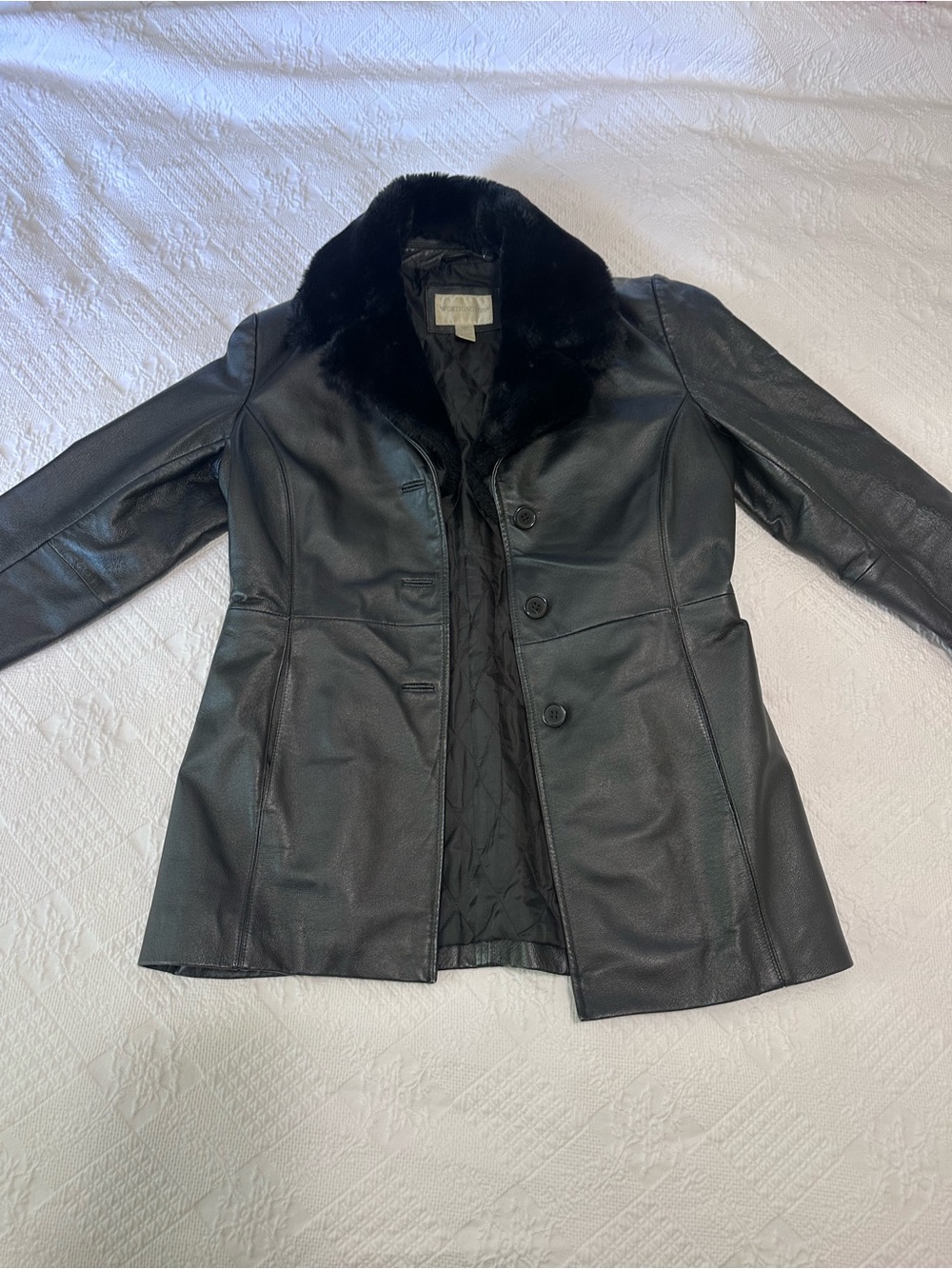 Worthington genuine black leather jacket with fur collar